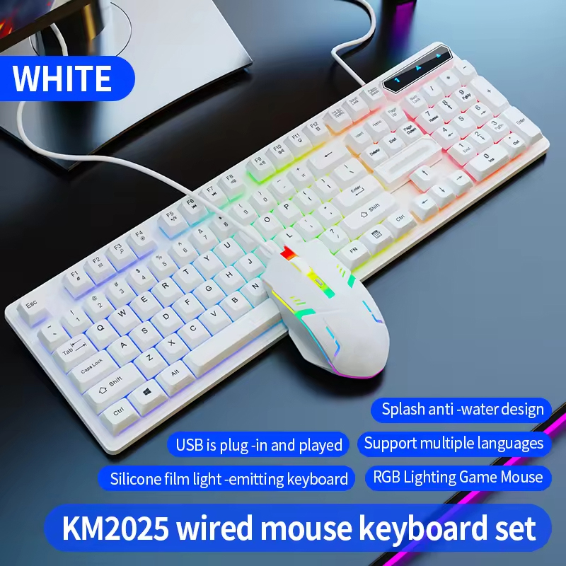 Km2025 Best-Selling Keyboard Wired Mouse Directly Connected Silicone Film Keyboard Mouse Two-Color Set 104/105/107 Key Backlight